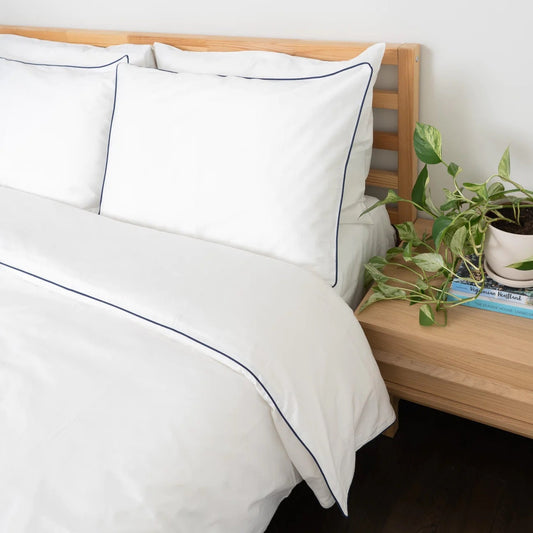 White with Navy Blue Piping - Pure Cotton, Pure Linen or Linen Cotton Mix | 3 Piece Piped Duvet Cover Set | Handmade | Pre-washed