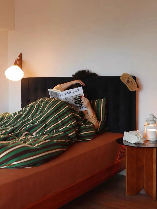 Retro Jersey Knit Stripe Queen Duvet Cover Set with Pillowcases & Fitted Sheet