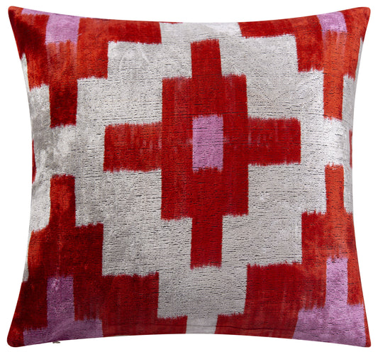 Handmade Velvet Throw Pillow - 16x16 Inches, Naturally Vegetable-Dyed, Premium Down Feather Insert - Red, Pink, and Beige Geometric Cross Design, Luxury Home Decor Accent