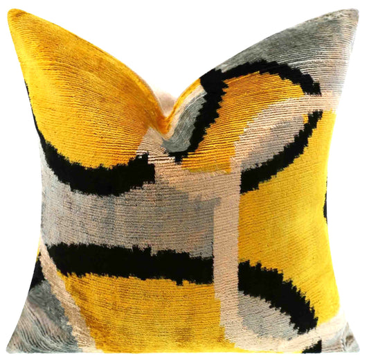Luxurious 16x16 Silk Velvet Geometric Throw Pillow in Yellow and Gray – Down Feather Insert