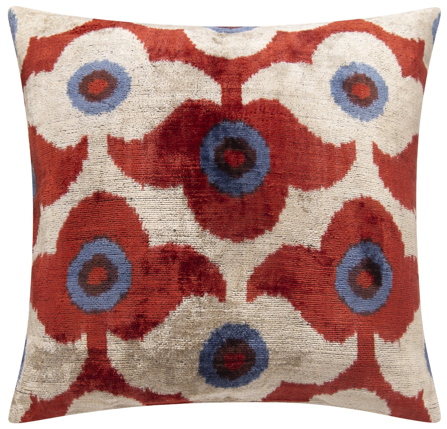 Luxury Silk Velvet Throw Pillow - Rust Red, Blue, and Ivory Floral Design, 16x16