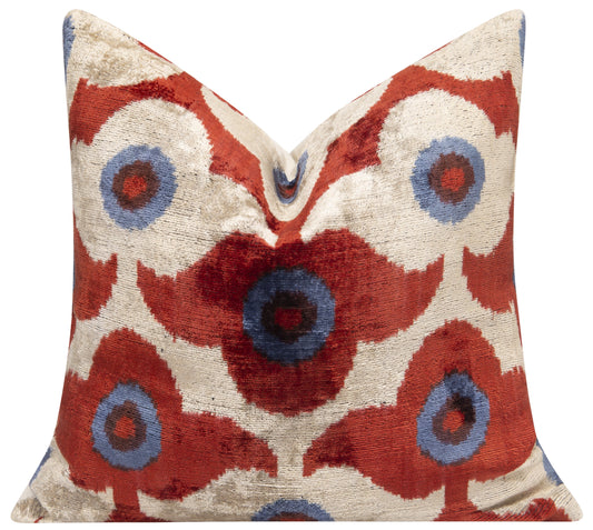 Luxury Silk Velvet Throw Pillow - Rust Red, Blue, and Ivory Floral Design, 16x16