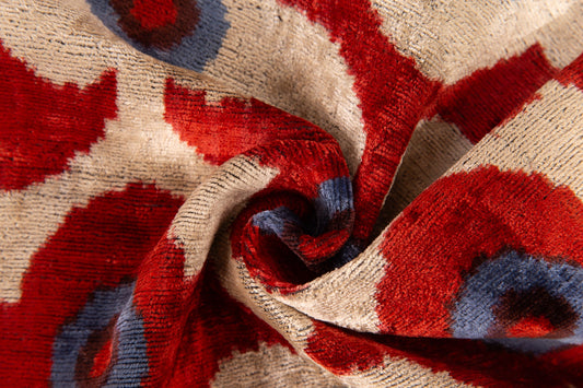 Luxury Silk Velvet Throw Pillow - Rust Red, Blue, and Ivory Floral Design, 16x16