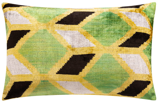 Canvello Handmade Velvet Geometric Pillow – 16x24 Luxury Decorative Throw Cushion for Home Decor – Feather Down Insert, Vegetable-Dyed, Vibrant Green and Yellow Accent for Sofa, Couch & Furniture,