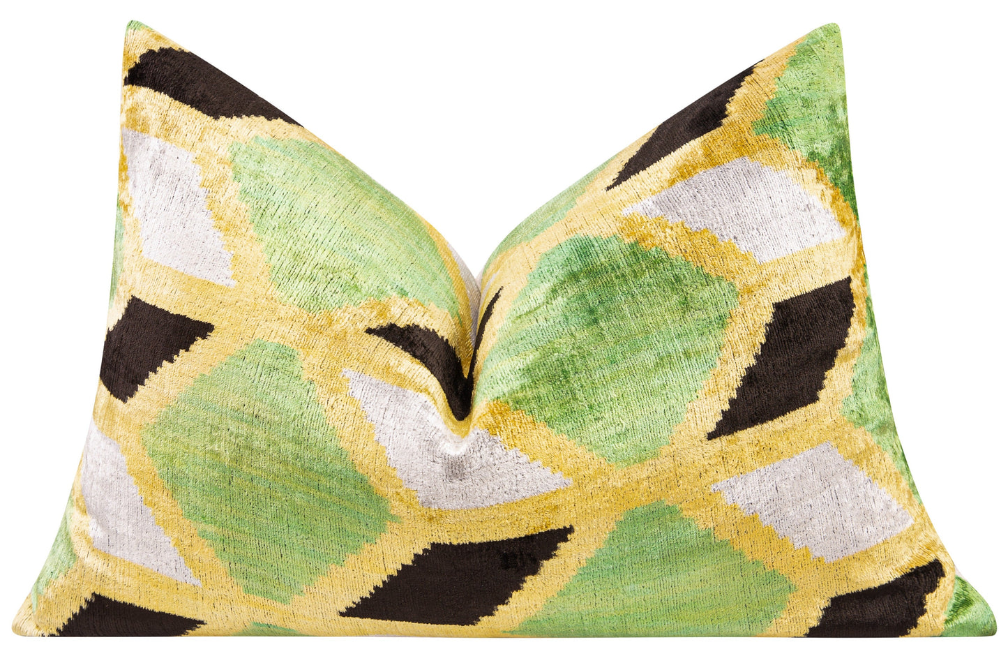 Canvello Handmade Velvet Geometric Pillow – 16x24 Luxury Decorative Throw Cushion for Home Decor – Feather Down Insert, Vegetable-Dyed, Vibrant Green and Yellow Accent for Sofa, Couch & Furniture,