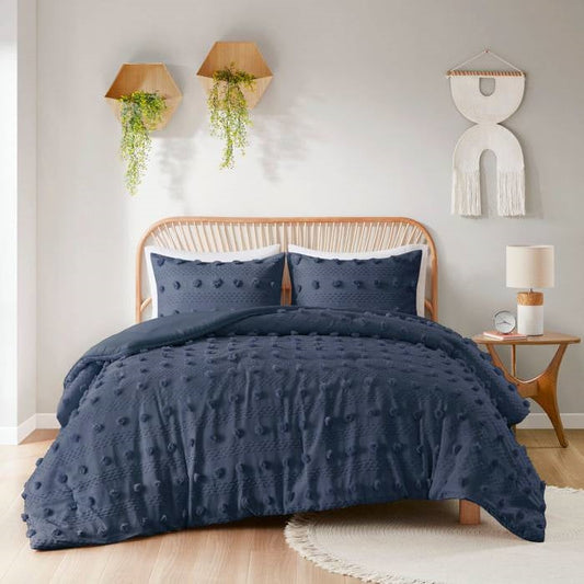 Twin/Twin XL 2 Piece Navy Pompom Microfiber Hypoallergenic Comforter Set