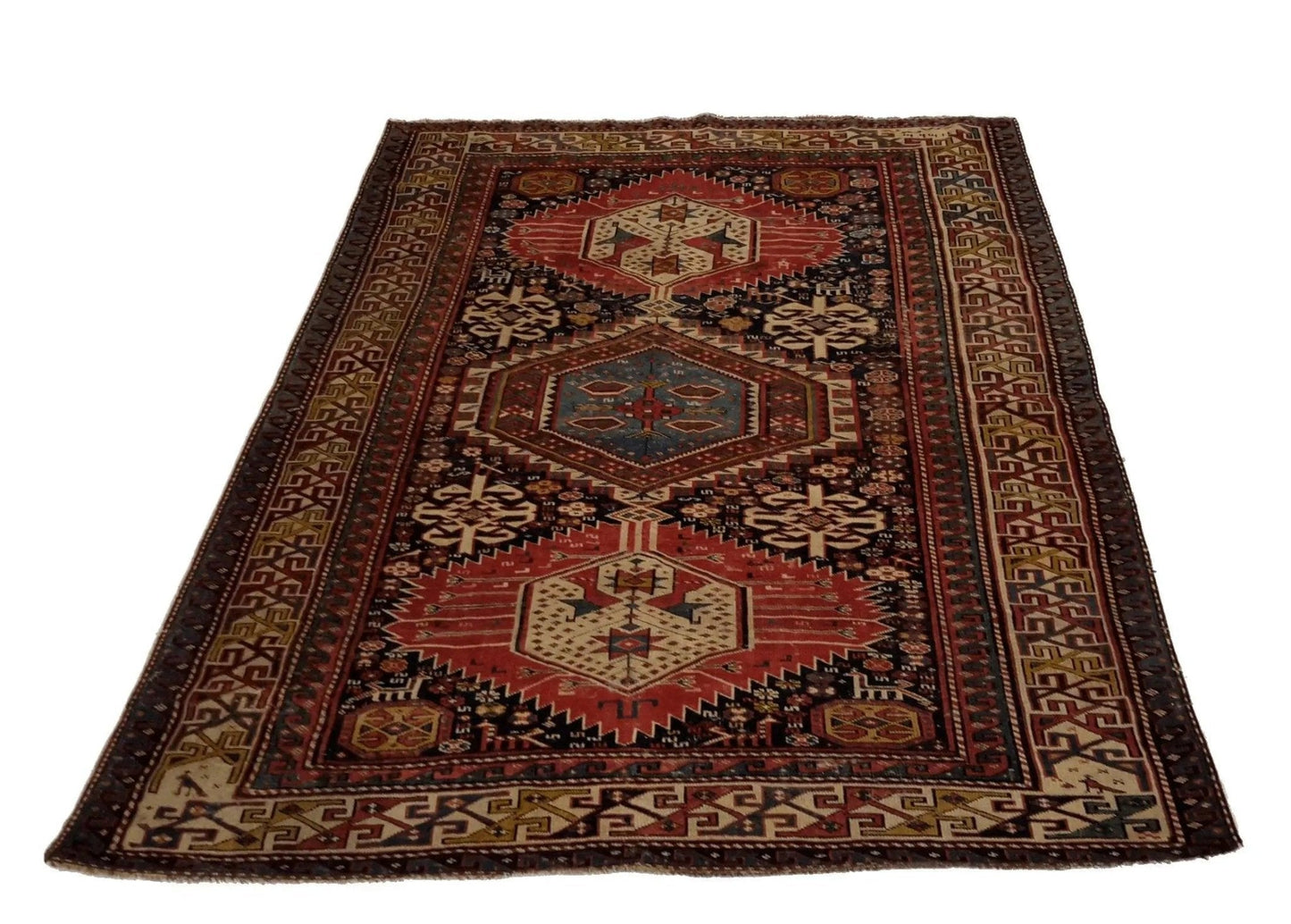 Canvello 1920 Antique Hand Made Casual Medallion Kazakhstan Rug - 4'3'' X 5'10''