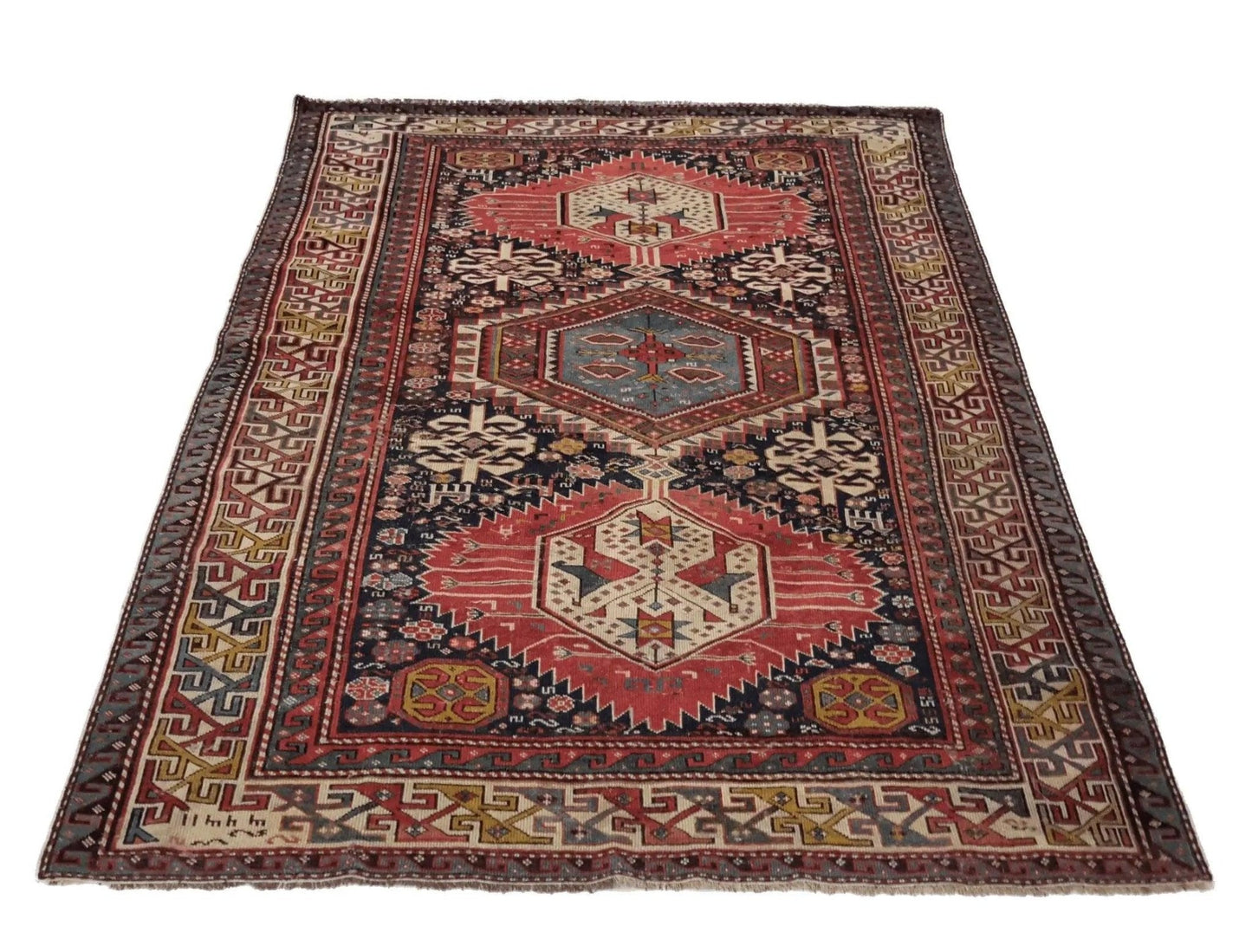 Canvello 1920 Antique Hand Made Casual Medallion Kazakhstan Rug - 4'3'' X 5'10''