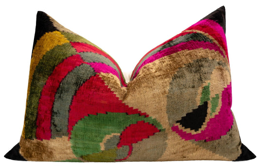 Canvello Organic Handmade Silk Velvet Pillow: 16x24 Inches with Premium Down Feather Insert - Luxury Gold Green Pink