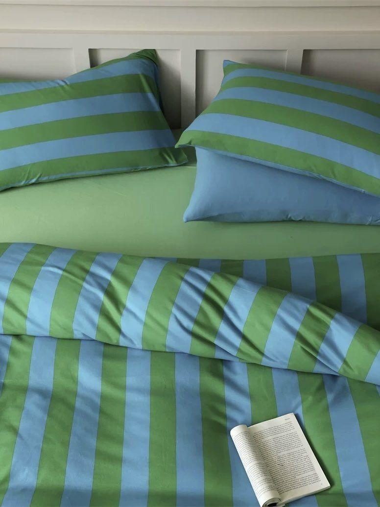 Dopamine Stripe Cotton Queen Size Duvet Cover Set With Pillowcases & Fitted Sheet
