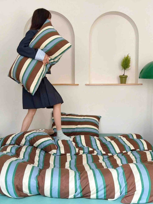Retro Earthy Tone Stripe Queen Duvet Cover Set with Pillowcases, 100% Cotton