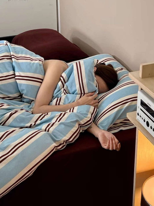 Retro Jersey Knit Blue Stripe Queen Bedding Set with Pillowcases & Fitted Sheet