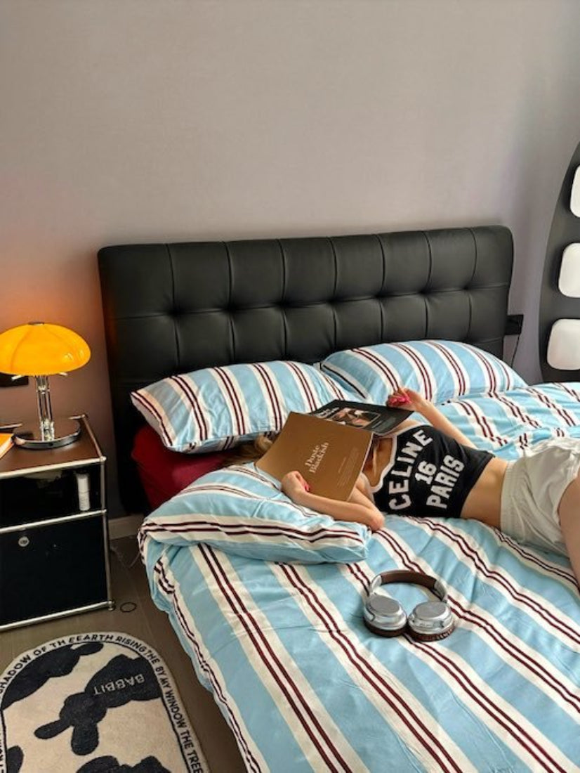 Retro Jersey Knit Blue Stripe Queen Bedding Set with Pillowcases & Fitted Sheet