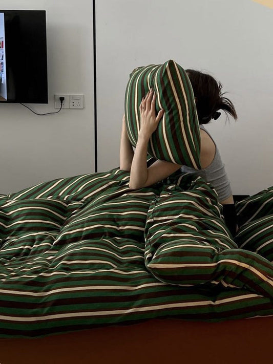 Retro Jersey Knit Stripe Queen Duvet Cover Set with Pillowcases & Fitted Sheet